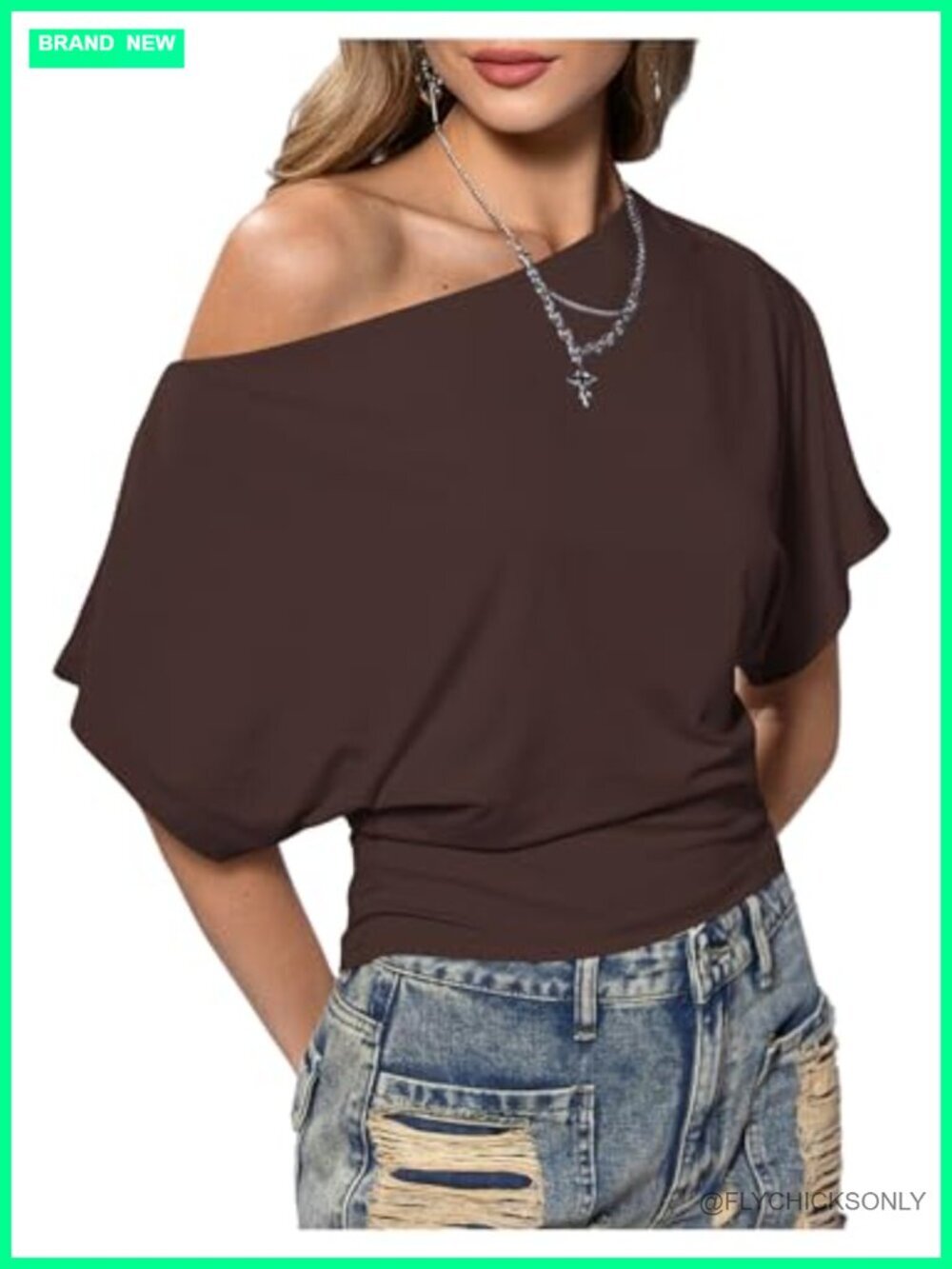 Off The Shoulder Crop Top Asymmetrical Y2K Going Out Dolman Short Sleeve